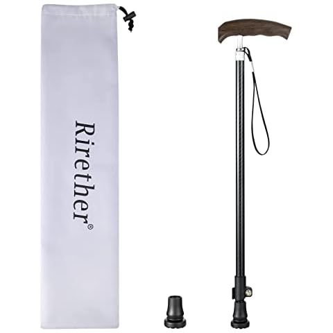 Rirether Walking Cane for Men & Women, Adjustable Height Carbon Fiber Cane, Fancy Cane with Carrying Bag, Wooden Ergonomic Handle (2Tips) Cover