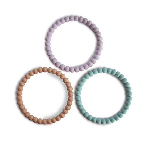 Image of mushie Pearl Teether Bracelet | 3-Pack (Lilac/Cyan/Soft Peach)