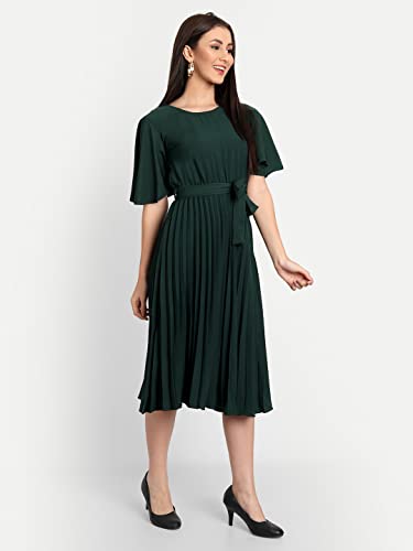 Image of KUDUZO Women's Crepe Long Pleated Below Knee Length Flutter Sleeve Round Neck S to XL Maxi Dress for Girls. (EG-U0IM-B9A1)