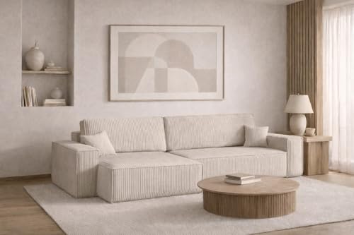 Kaiser Möbel - Ecksofa mit Schlaffunktion und Bettkasten, Schlafsofa mit Bettzeugbehälter, Wohnlandschaft L-Form, Klappsofa, Relaxsofa, Cordstoff, Bequemes Couch für Wohnzimmer, Best XL, Beige, Links