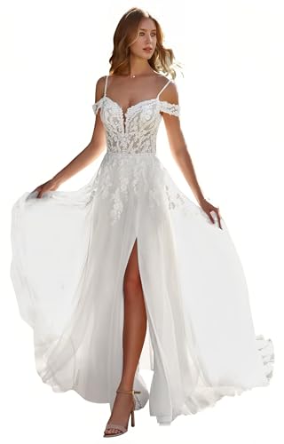 Off Shoulder Tulle Wedding Dress for Bride Lace Applique Spaghetti Straps A-Line Bridal Dress with Train