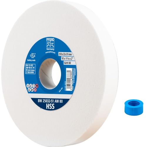 PFERD TOOLS Schleifbockscheibe HSS, 250x32x51mm, A80, 39009705 – Mittelharte Schleifscheibe zum Schärfen von HSS-Bohrern, mit Reduzierhülse (32mm)