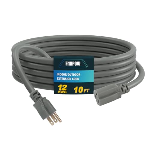 FNXPOW Indoor Outdoor Extension Cord, 12 Gauge 3 Prong Weatherproof Heavy Duty Gray Extension Cords, 12/3 SJTW 15A 10 FT Extension Cable for Garage, Garden and Home, UL Listed