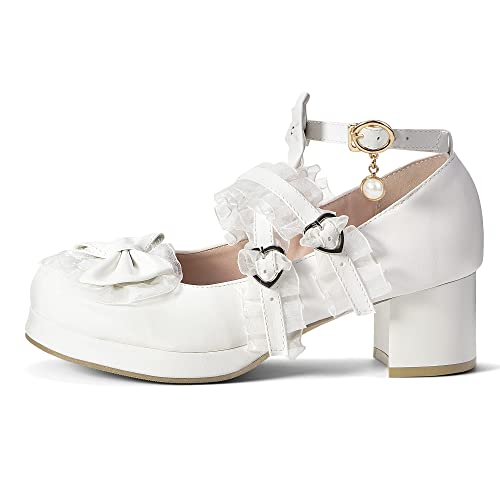 Elerhythm Women's Mary Jane Platform Chunky Block Heels Cute Cosplay Kawaii Bow Lace Dresses Cross-Tied Round Toe Ankle Strap Shoes3