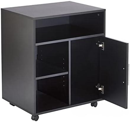 MMT Furniture Designs Ltd Freestanding Printer Stand Unit Office Desk Side Mobile Storage w/Wheels, 3 Open Shelves Modern Style 65L x 45W x 73H cm - (Black)