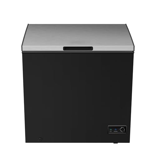 Chest Deep Freezer 7 Cu. Ft Black Adjustable Thermostat-Removable Vinyl Coated Wire Basket-Easy Defrost Drain Eye-Catching Stainless Steel Top Door- Garage Ready