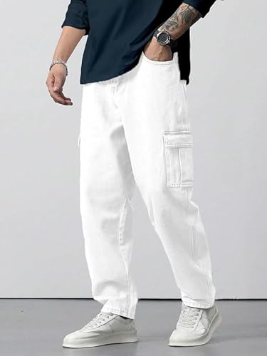Image of QNIM Cargo for Men | Loose Fit White Denim Jeans | Stylish Cotton Multi-Pocket Casual Styling Pant | Trendy Straight Leg Comfortable Utility Streetwear Trousers (Q-04-05)