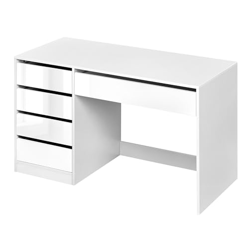 eSituro Schminktisch mit 5 Schubladen Ohne Spiegel, Schreibtisch Computertisch mit Stauraum, Bürotisch PC Tisch für Jugendzimmer Schlafzimmer, Hochglänzendes Weiß, 120x55x75 cm