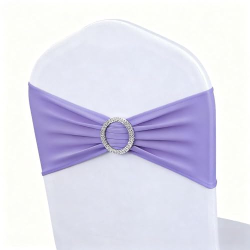 Image of Lavender Chair Sashes 50 Pack, Spandex Chair Bands with Buckles for Wedding Party, Elastic Chairs Bows for Birthday Decoration