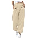 Women's Loose Sweatpants Running Joggers Wide Leg Baggy Lounge Travel Pants Stretch High Waisted Hiking Trouser Beige