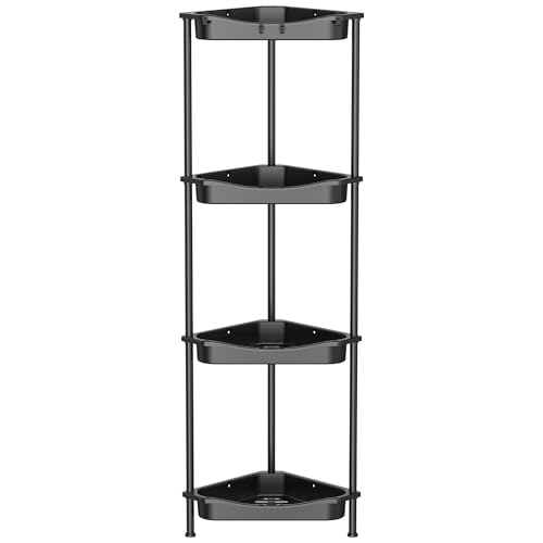 Image of HuggieGems 4 Tier Floor Standing Corner Shower Caddy Organizer Shelf with Hooks, Bathroom Shelves Stand Rack, Jet Black