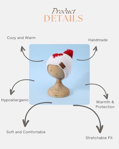 Image of Handmade Knitted Self Design Woolen Beanie Cap for Kids - White & Red 6-12 M | Winter Cap for Baby | FUNCAP56-6-12 M