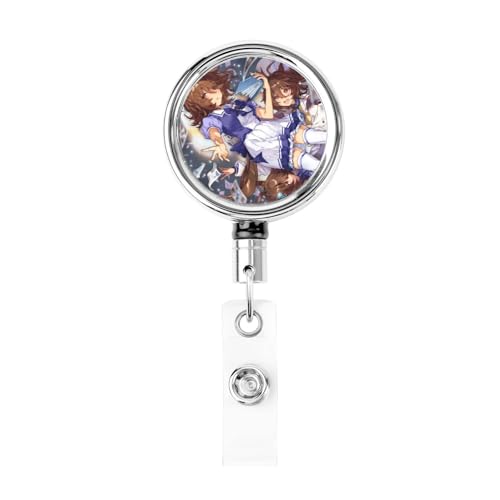吊り下げ名札用リール ウマ娘 アグネスタキオン 格納式バッジホルダー バッジリール IDカードリール ステンレス製 円形 胸に固定 社員証 通行証 名札入れ 落下防止 通勤 通学 プレゼント 最長62cm