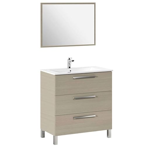 ARKITMOBEL Mueble de Baño Athena con 3 Cajones y Espejo, Módulo de Lavabo con Patas, Color Roble, Medidas: 80x86x45 cm (Lavabo No Incluido)