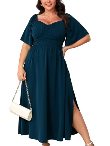 CICIDUDU Plus Size Dress Wedding Guest Semi Formal Ruffle Short Sleeve Sweetheart Neckline Slit A Line Flowy Maxi Dresses Lake Blue