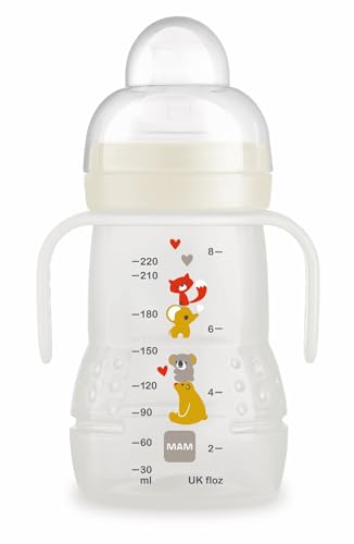 MAM Biberón y Vaso 2 en 1, a partir de 4 Meses, 220ml, con Boquilla Extra Blanda y Tetina Antiderrames de Silicona Skin Soft de Fácil Aceptación, con Asas para Sostenerlo Fácilmente, Neutro, Pack 1ud