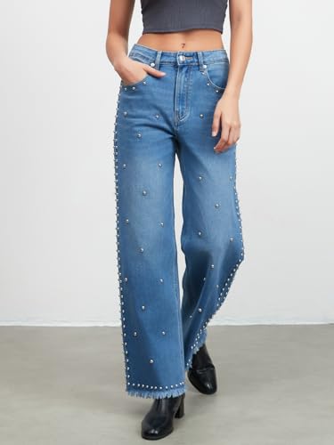 Studded Wide Straight Leg Jeans for Women Stretchy Mid Rise Baggy Raw Hem Rivet Denim Pants Trendy3