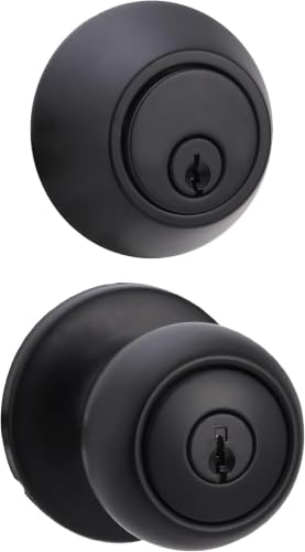 Image of Amazon Basics Exterior Door Knob with Key Lock and Deadbolt, Coastal, Matte Black (Pack of 12)