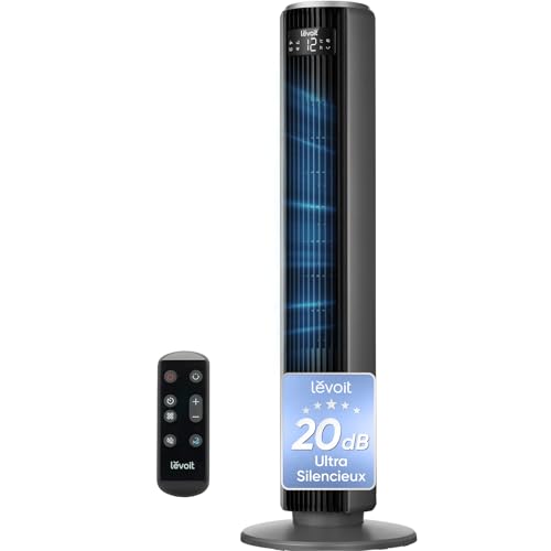 Levoit Ventilateur Colonne Silencieux 20 dB, 12 Vitesses, 4 Modes, Puissance 7,9 m/s, Minuterie 1-12 h, Télécommande & LED, Oscillation 90°, Mode Nuit pour Chambre, 92 cm, Gris