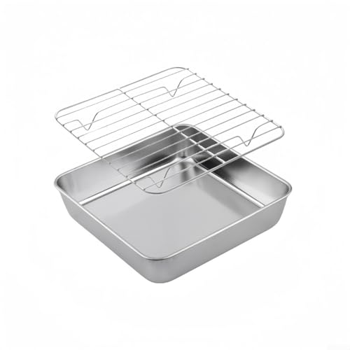 Bandeja para hornear de acero inoxidable con rejilla de enfriamiento, bandeja para asar pavo, pollo, pastel, barbacoa, pan, juego de bandejas para horno, para cocina, 24 x 24 x 5 cm (20 cm)