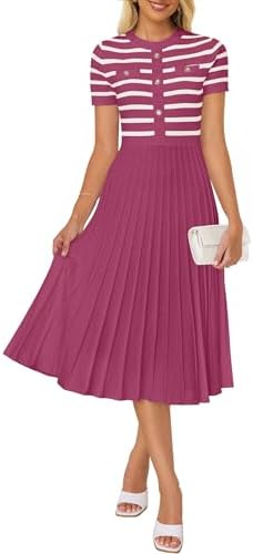 ZESICA Women Striped Crewneck Short Sleeve Elegant Midi Dress