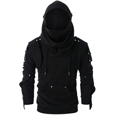 RKaixuni Mens Hoodies Sweatshirts Black Hooded Mask Long Sleeve Pullover Y2k Tops Emo Punk Assassin Cosplay Halloween Costume Cover