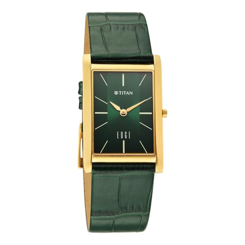 Image of EDGE Titan Monture Quartz Analog with Green Dial Gold Leather Strap Watch for Men - 1043YL11
