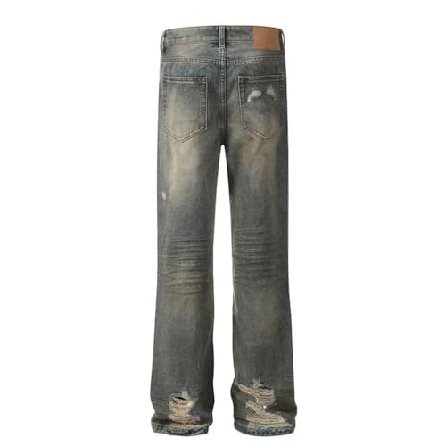 Men’s American Style Washed Jeans, Contrast Color Worn-Out Holes, Moustache Effect, Wide Leg Denim4