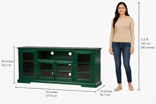 Image of Sheesham Solid Wood TV Cabinet for Living Room | Handcrafted Wooden TV Unit with Storage | Elegant Entertainment Stand for Modern Homes (Glass Tv Cabinet, Green)