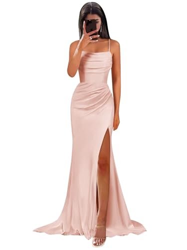 Satin Bridesmaid Dresses for Women Long Pleated Mermaid Formal Evening Wedding Guest Dress with Slit