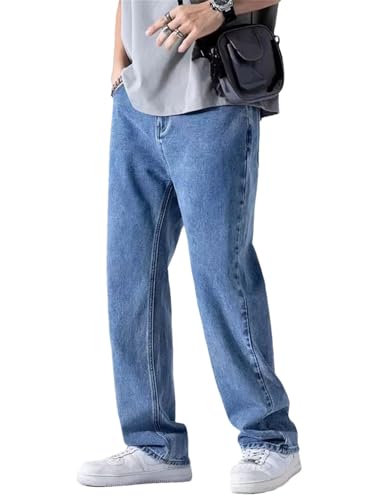 Men's Straight Jeans Elastic Waist Wide Leg Baggy Denim Pants Jeans Trousers