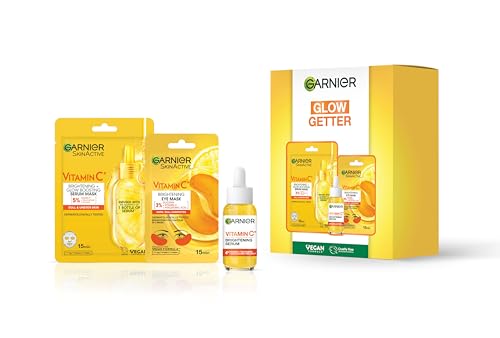 Garnier Vitamin C Glow Getter Giftset - Brightens Skin Reduces Dark Spots & Evens Skin Tone - For Dull Skin - Cruelty Free & Vegan - Pack of 30ml Face Serum Face Sheet Mask & Eye Sheet Mask