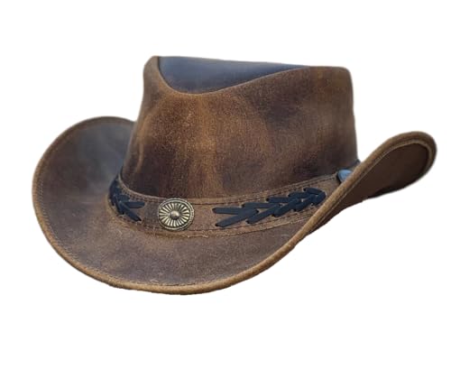 Hazy Blue Real Leather Australian Western Cowboy Style Crazy Horse Bush Hat for Men Women Lightweight Handcrafted Western Shapeable Wide Brim Durable Cowgirl Hat