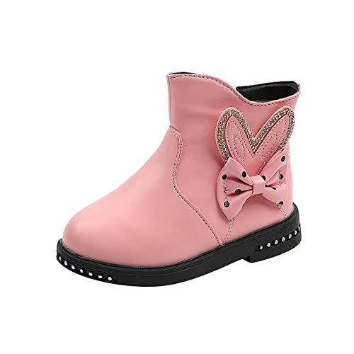 Winter Snow Boots Girls Ankle Boots Low Heel Flat Bottom Non Slip Bowknot Side Zipper Plush Warm Comfortable Booties (Pink, 5-5.5 Years Little Child)
