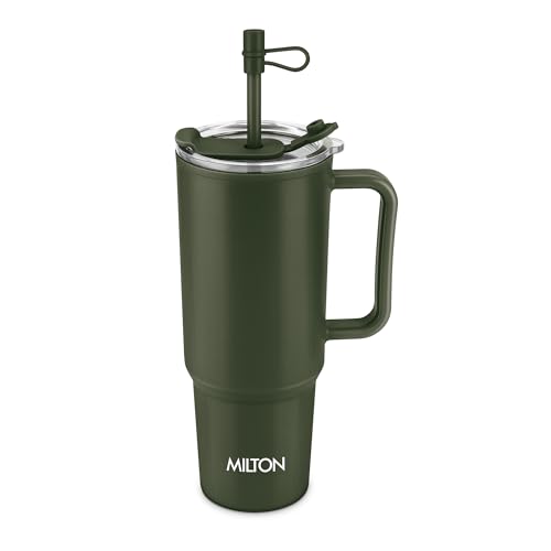 Image of MILTON Maven 1000 Plastic Water Tumbler | 2-in1 Lid Sip or Gulp | Crystal Clear BPA Free-Food Grade | Sturdy Handle | Large Travel Mug for Gym, Office & Outdoor Use, 1 L, Military Green