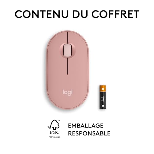 Logitech Pebble Souris sans fil avec récepteur Bluetooth ou récepteur 2,4 GHz, silencieuse, mince, avec clics silencieux, pour ordinateur portable/Notebook/iPad/PC/Mac/Chromebook – Rose