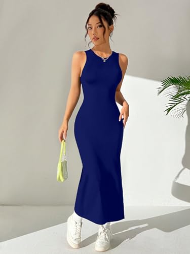 Image of Aahwan Women Bodycon Black Solid Simple Sleeveless Fish Tail Hem Backless Dress