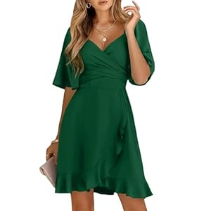 Dokotoo Women’s Wrap V Neck Short Flared Sleeve Wedding Guest Dress Smocked Elastic Waist Tiered Belted Ruffle Hem Mini Dress