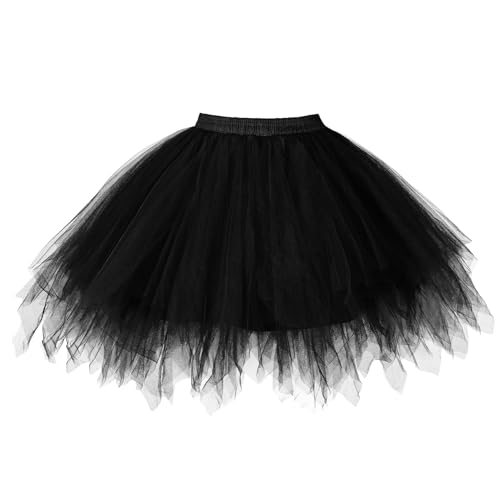 TRIWORKS Schwarz Tutu Damen 80er Große Größen Tüllrock Schwarz Tütü Herren Damen Petticoat Kurz Ballett Puffy Tutu Vintage Elastisch Retro...