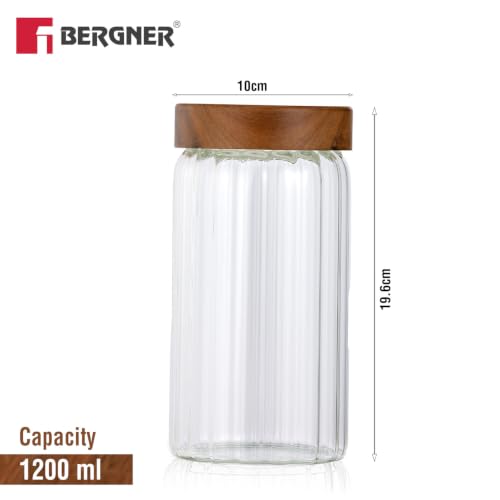 Image of Bergner Acadia Borosiliate Glass Jar (1250ml), Stripe Design, Multipurpose Transparent Jar, Airtight Lid, Food Storage Container for Kitchen, For Storing Sugar, Flour, Tea, Coffee, Spices, Cereals etc