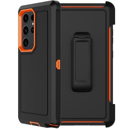 RubCase for Samsung Galaxy S23 Ultra Case with 2X Screen Protector Dual Layer Bumper Cover with Belt Clip Holster & Kickstand Full Body Heavy Duty Phone Case for Galaxy S23 Ultra 5G (Black/Orange)
