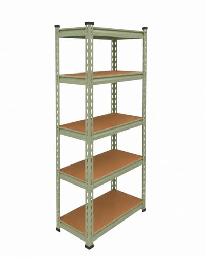 Image of BonKaso Adjustable 5-Shelf Metal Storage Rack | Heavy-Duty Steel Boltless Rivet Utility Shelving Unit for Garage, Kitchen & Office | 54 Inches Height (54 x 24 x 12 in) - Olive Green