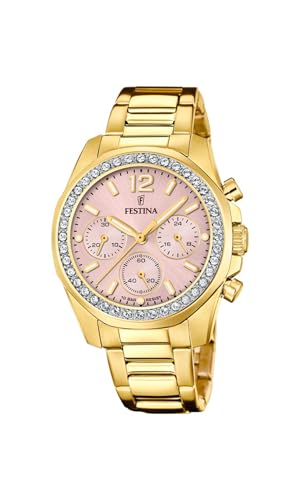 Festina Damen Uhr Analog Edelstahl 316L Gold - Quarz Chronograph - Mineralglas hochresistent - 10 ATM wasserdicht F20609/4 - Boyfriend Collection