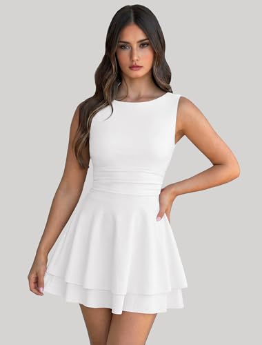 Image of IWD Women's Boat Neck Sleeveless Mini Dress Ruched Waist Flowy Tiered Ruffle Hem A Line Party Short Dresses