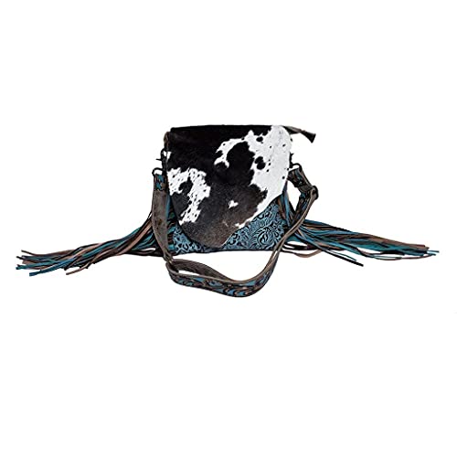 Myra Bag Cobal Blue Conceal Carry Cow print tooled leather fringe bag S-3345