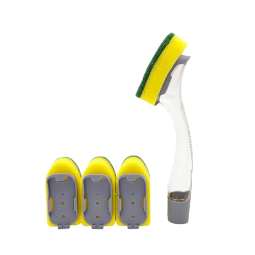 Image of The Pot Brush with Green and Yellow Washing Pads Does not Damage The Pot Handle and can be Used to add Liquid, Brush The Bowl, and Brush The Stove