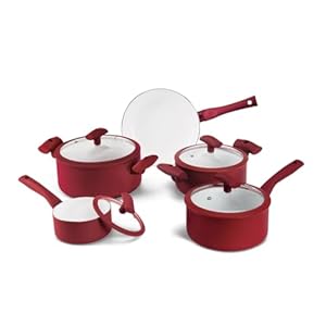 Pots and Pans Set Nonstick Ceramic – 9-Piece Non Stick Frying Pan and Cooking Pot Set – Red Aluminum Pans, Ceramic Coating, Glass Lids, Silicone Handles – Kitchen Cookware Sets by Mundial