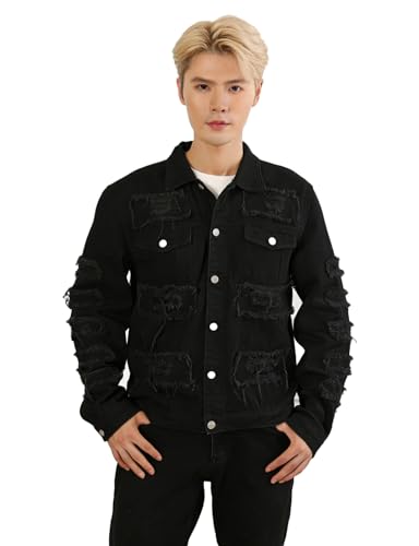 Image of Men's Denim Jacket Patchwork Fringe Jacket Slim Jean Jacket Streetwear Coat