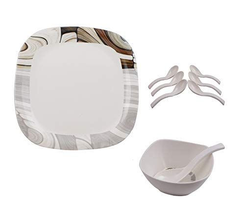 Image of Golden Fish Unbreakable Plastic Square Full Dinner Plates and Soup Bowl with Spoon (Brown) -Set of 18