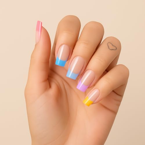 Image of 24 Pcs Reusable Artificial Nails Fake Nails with Glue and Kit|Candy Chick French Pastel French Tip Press On Nails | ABS Material UV Protected Long Lasting Finish | Reusable Customizable Nail Kit |Medium Square Nails